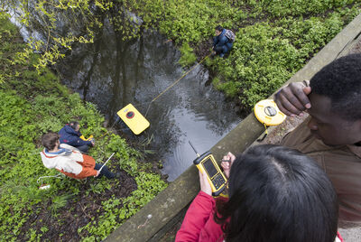 Studierende neben Wasserproben