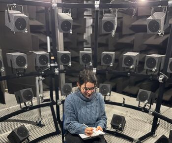 Praxisnahe Forschung im Akustik-Labor der TH Lübeck Studentin im Studiengang Hörakustik führt einen Hörversuch in einem sphärischen Lautsprecher-Array im reflexionsarmen Raum der TH Lübeck durch.