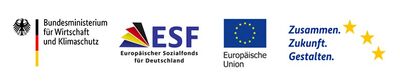 Das BMWK-Förderprogramm EXIST-Forschungstransfer wird durch den Europäischen Sozialfonds (ESF) kofinanziert. Der ESF gehört zu den Europäischen Struktur- und Investitionsfonds. Grafik: BMWK