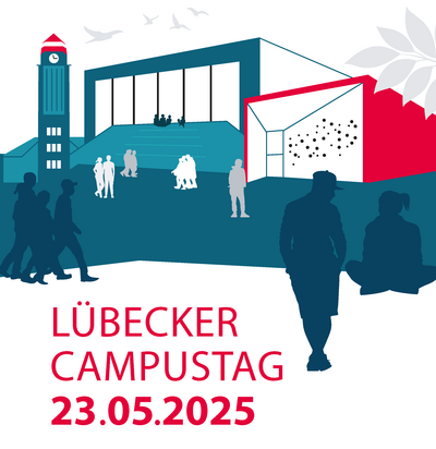 Auf den Bild sieht man verschiedene Gebäude in Blau und Rot, im unteren Bildrand steht "Lübecker Campustag 23.05.2025"