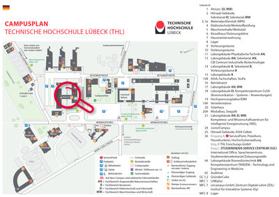 Campusplan der TH Lübeck mit hervorgehobenen Veranstaltungsort Bauforum