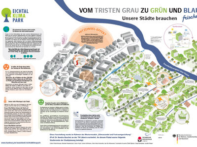 Ausschnitt zeigt eine Grafik bestehend aus Grünflächen, Häusern, einen Fluss und Text