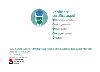 Die TH Lübeck vergibt erste digitale, rechtssichere Zertifikate im Internet. Grafik: Institut für Lerndienstleistungen (ILD)