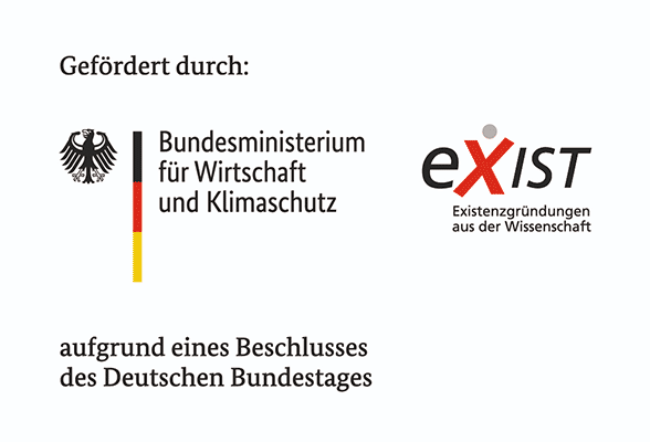 Logo: Gefördert durch Bundesministerium für Wirtschaft und Klimaschutz + Exist, Existenzgründungen aus der Wissenschaft